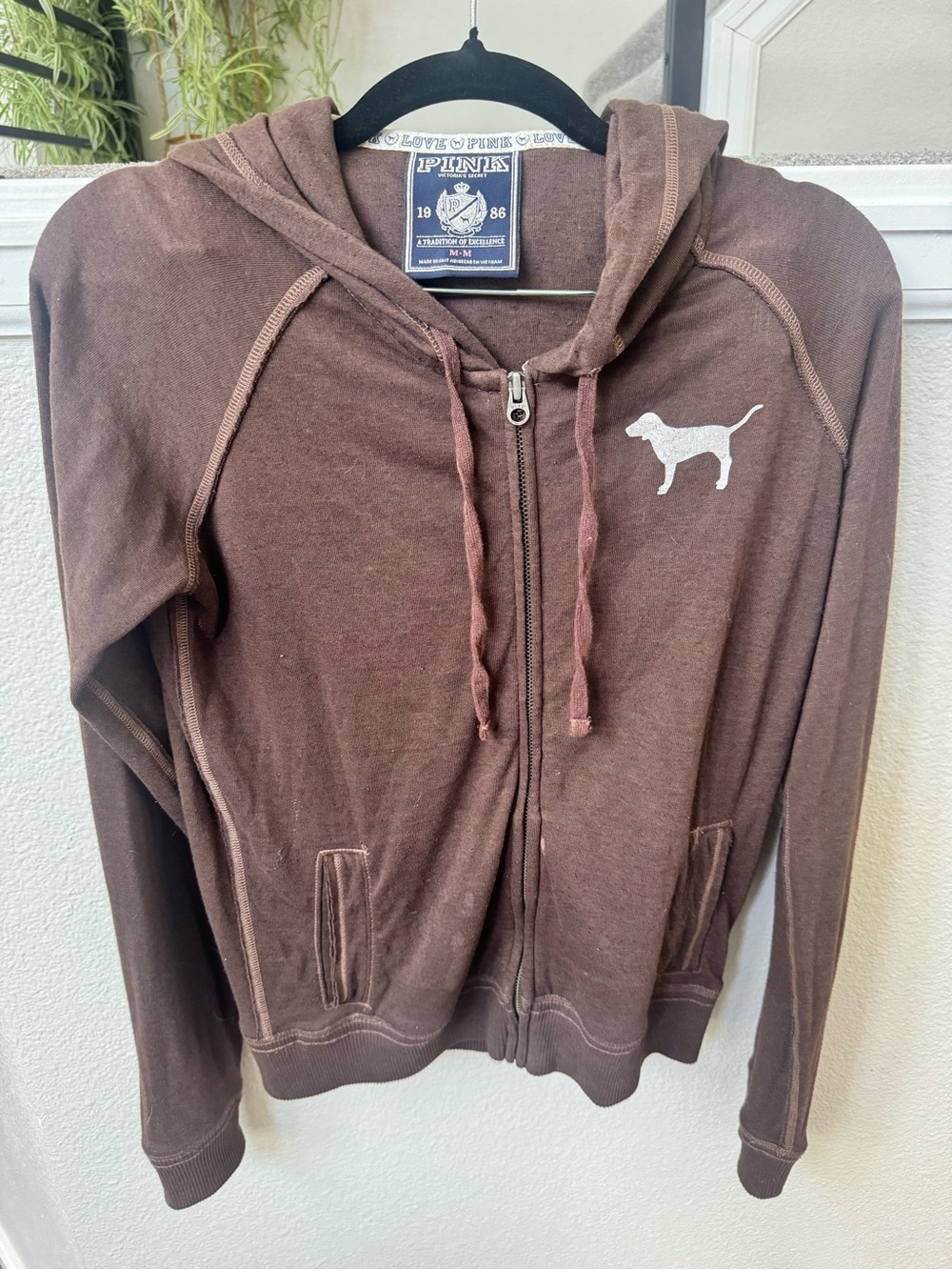 PINK Victoria's Secret Brown Zip-Up Hoodie with Dog Logo